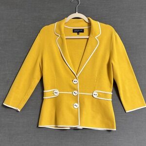 Jones NY Sweater Blazer Medium Yellow White Knit Jacket Cardigan Career Colorful